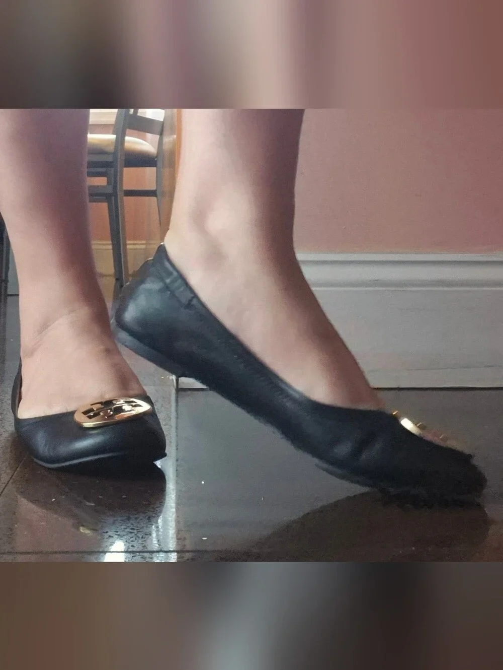Tory Burch Black Leather Ballet Flats with Gold Logo Medallion
